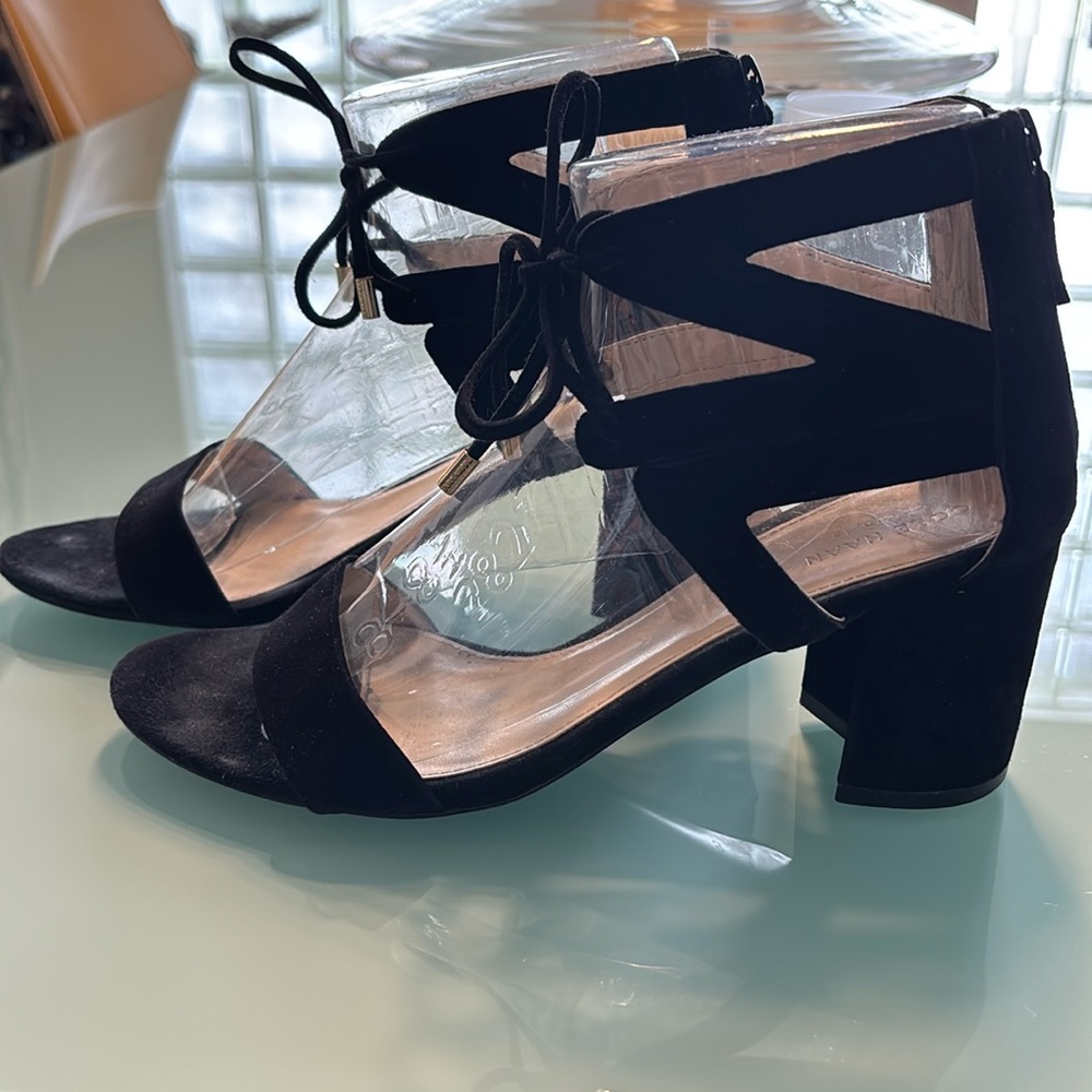 Cole Haan black suede sandals. 2inch heel. Back zipper. Tie front w/ gold aglets